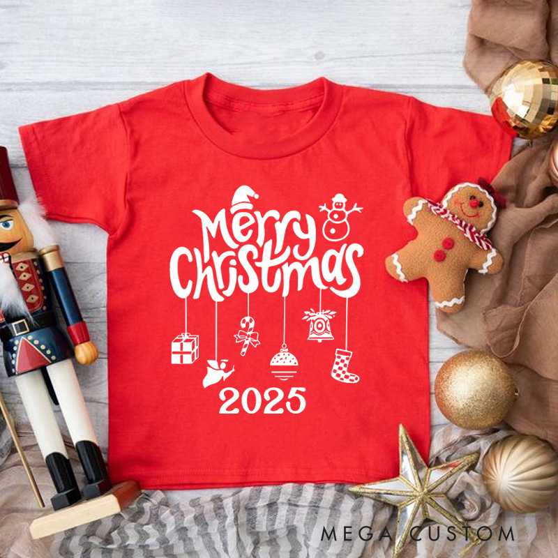 Personalized Gold Merry Christmas Text with Holiday Icons Christmas Kids T-Shirt