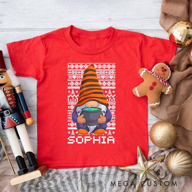 Personalized Christmas Gnome with Stars and Festive Details Christmas Kids T-Shirt