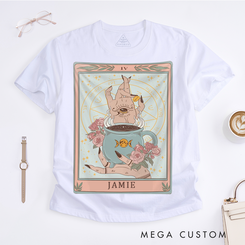 Personalized Tarot Lovers Classic T-Shirts The Coffee Full color Tarot Card Shirt Coffee Cup witchy Mystical Tarot T-shirts Gift