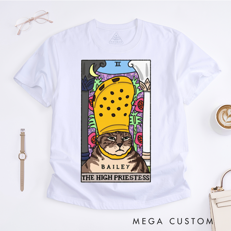 Personalized Tarot Lovers Classic T-Shirts The High Priestess Crocs Cat Meme Tarot Shirt Witchy Clothing Cat Meme Gift Sad Cat Meme T-shirt