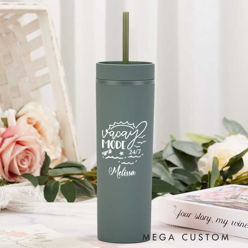 Personalized Vacay Mode Skinny Tumbler Cups for Traveling Lovers Vacation Gift for Travel Lovers