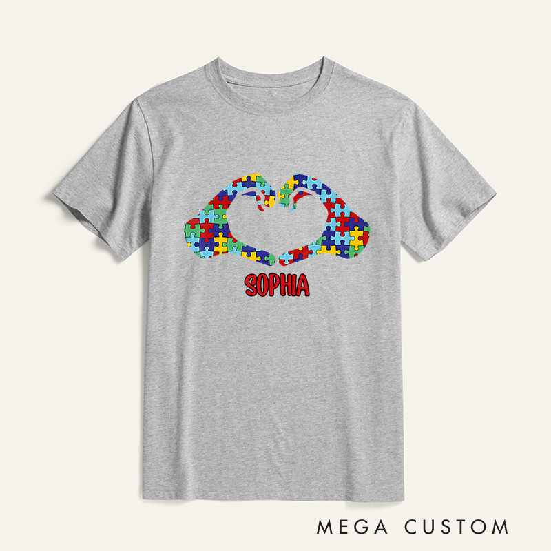 Personalized Heart LOVE Hands Puzzle Autism Awareness T-Shirt Mental Health Gift