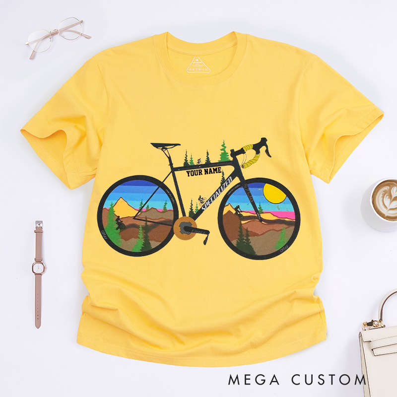 Personalized Scenic Bicycle T-Shirt with Vibrant Landscape Scenes in the Wheels for Outdoor Adventures Riding Cycling Biking Enthusiasts