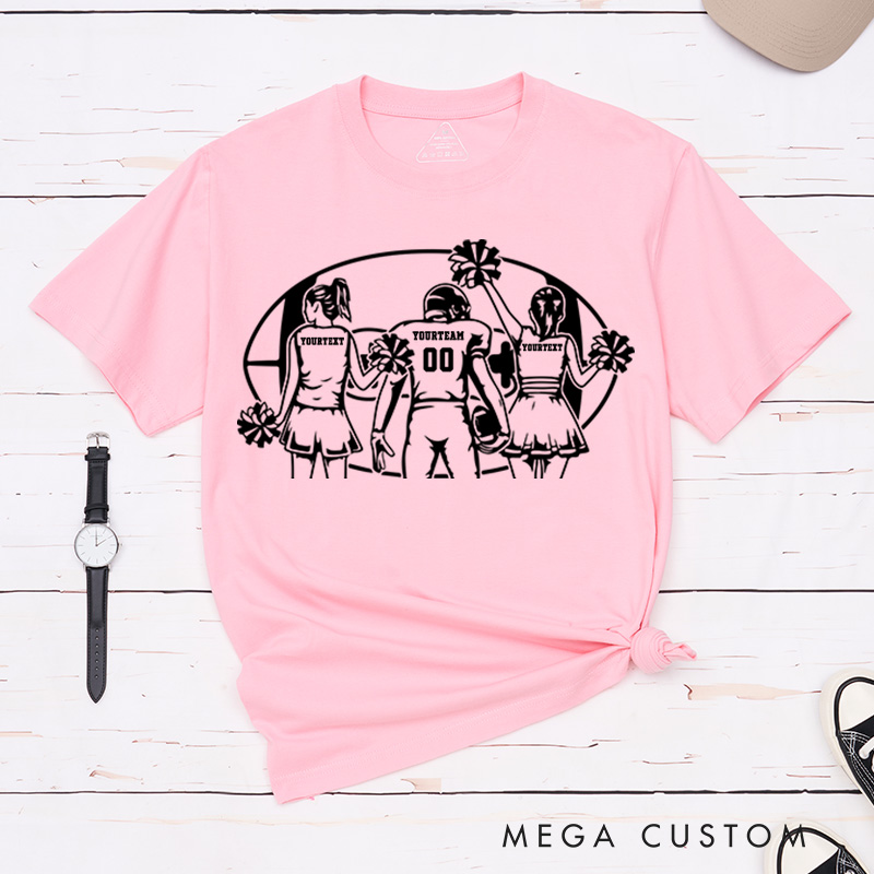 Personalized American Football Cheerleader T-Shirts with Custom Player and 2 Cheerleader Name and Number