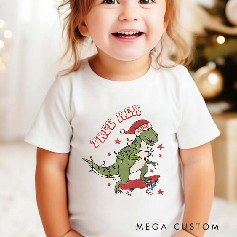 Personalized Tree Rex Retro Kids T-Shirt Cute Christmas Toddler Tee Holiday Natural Shirt