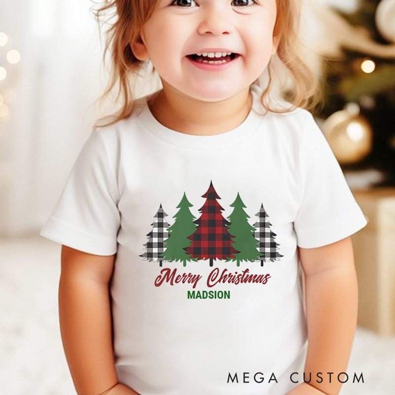 Personalized Rustic Red Plaid Merry Christmas Trees Kids T-Shirt