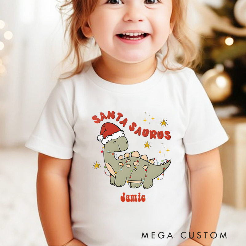 Personalized Cute Christmas Dinosaur Santasaurus Name Kids T-Shirt