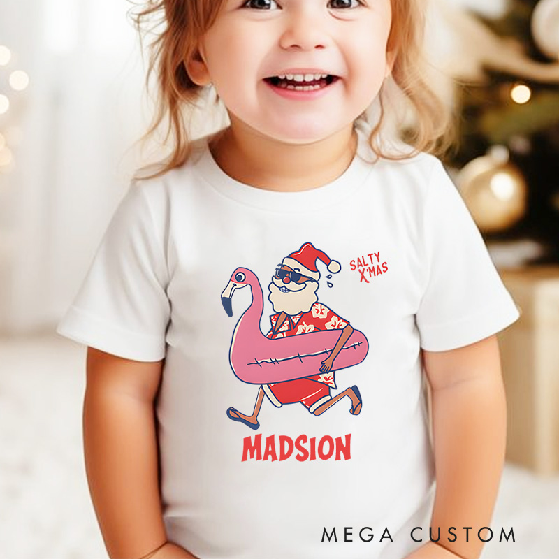 Personalized Mele Kalikimaka Santa Flamingo Christmas Getaways Kids T-Shirt