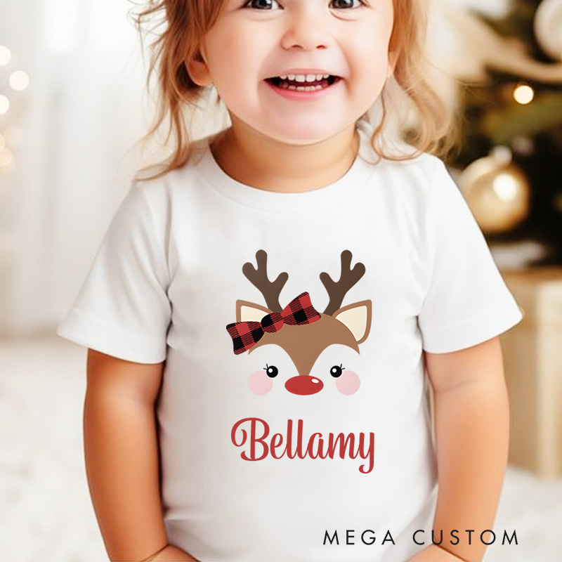 Personalized Cute Reindeer Plaid Bow Name in Red Christmas Kids T-Shirt
