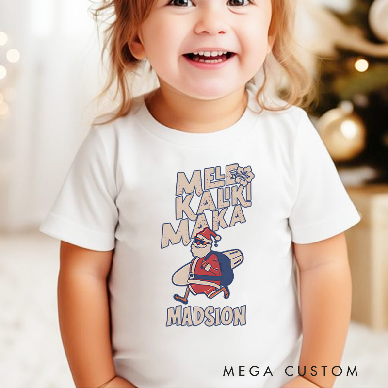 Personalized Mele Kalikimaka Funny Santa Hawaiian Christmas Kids T-Shirt