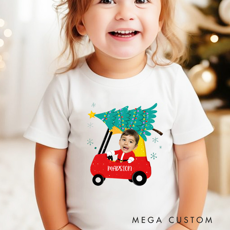 Personalized Red Car Christmas Kids Face with Photo T-Shirt 