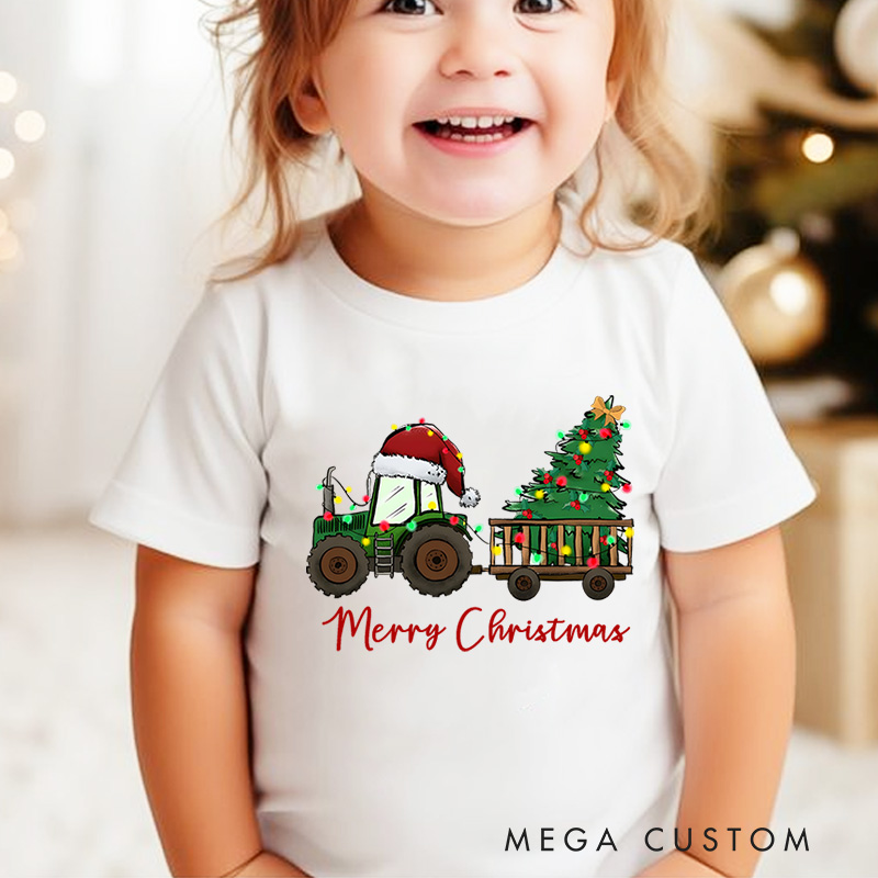 Personalized Christmas Tree Tractor Toddler T-Shirt Christmas Farm Life Tee Xmas Kids Gift