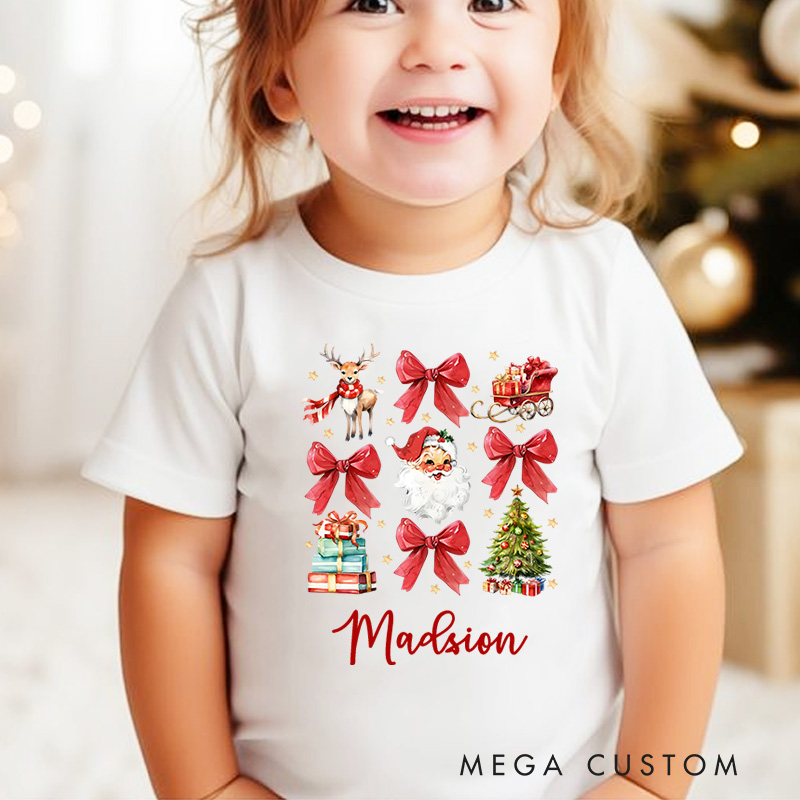 Personalized Christmas Santa and Bows T-Shirt Kids Christmas Tee Shirt Xmas Kids Gift