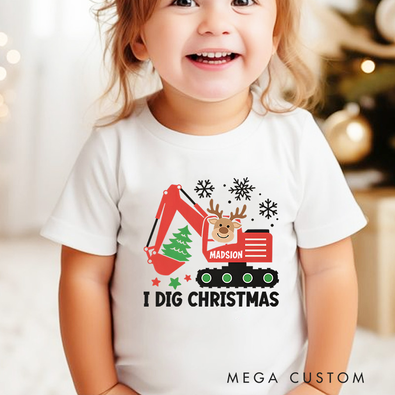 Personalized I Dig Christmas Cute Red Construction Vehicle Reindeer Tree Christmas Excavator Kids T-Shirt