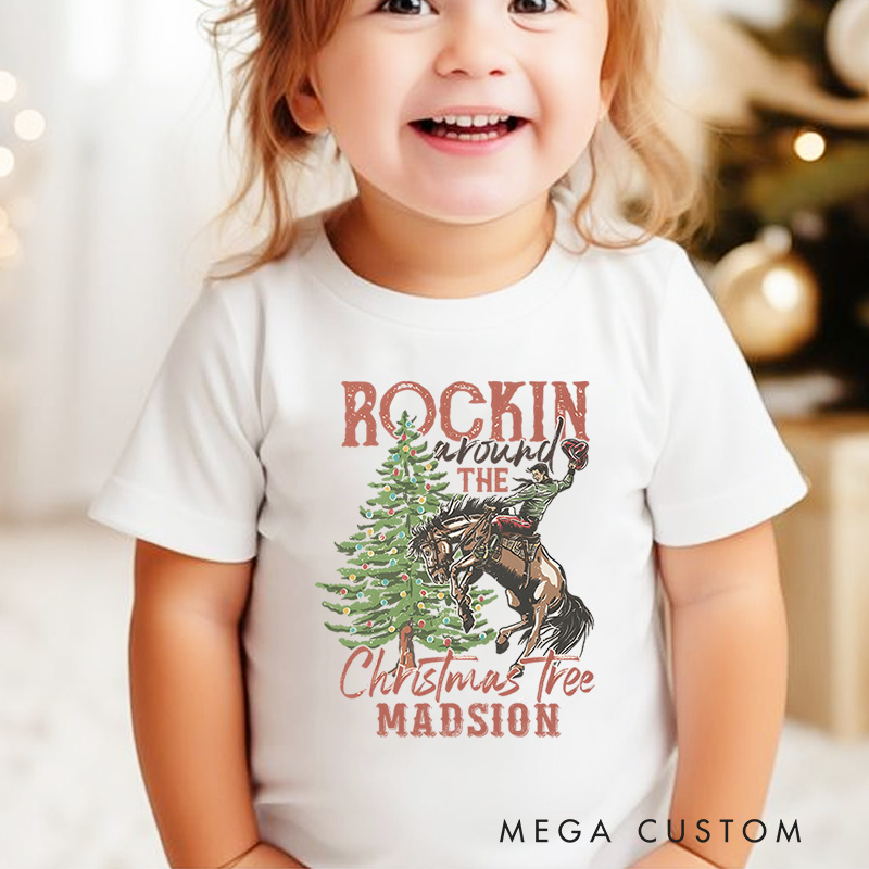 Personalized Western Rodeo Christmas Kids T-Shirt Retro Rocking Around The Christmas Tree Bucking Horse Holiday Outfit 