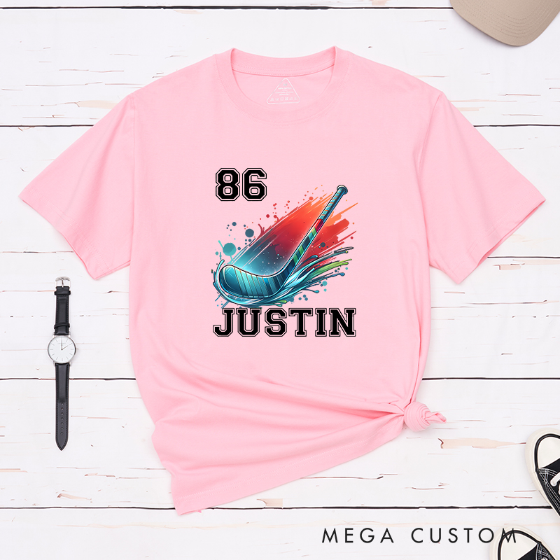 Personalized Athletic T-Shirt with Hockey Stick and Customizable Name
