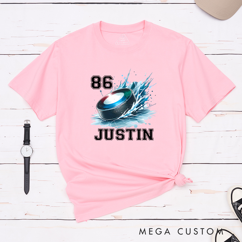 Personalized Hockey T-Shirt with Splashed Ice Puck Design and Custom Name