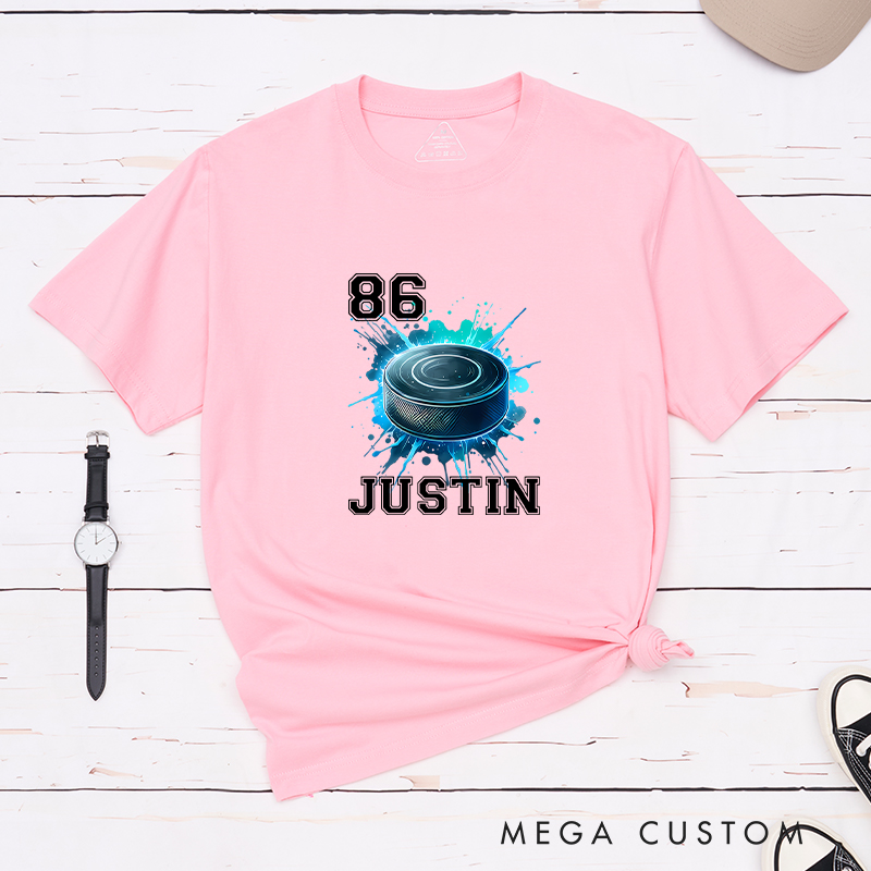 Personalized Athletic T-Shirt Featuring a Vibrant Hockey Puck Graphic and Custom Name