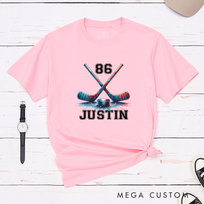 Personalized Ice Hockey T-Shirt with Crossed Sticks and Custom Name  
