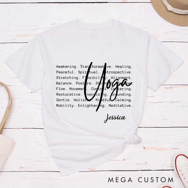 Personalized Yoga T-Shirt with Inspirational Word Art Design Custom Name Perfect Gift for Yoga Lover