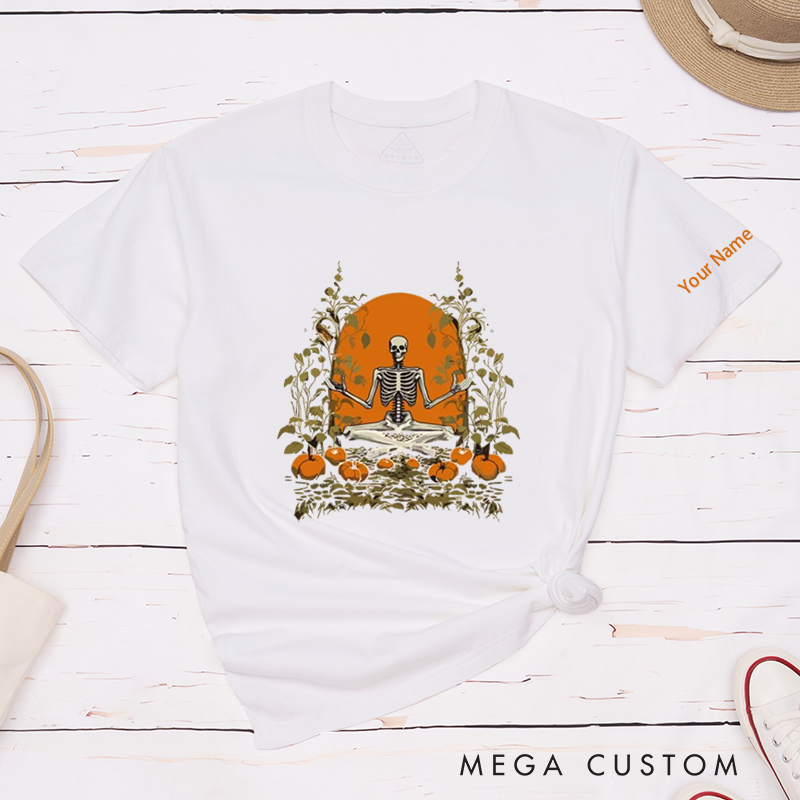 Personalized Halloween Skeleton T-Shirt with Pumpkin Meditation Design Perfect Gift for Yoga Lover and Halloween