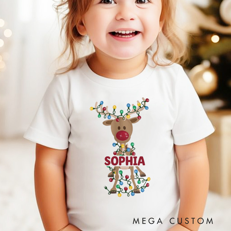 Personalized Reindeer Wrapped in Christmas Lights Christmas Kids T-Shirt
