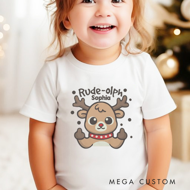 Personalized Rude Reindeer with Playful Expression Christmas Kids T-Shirt