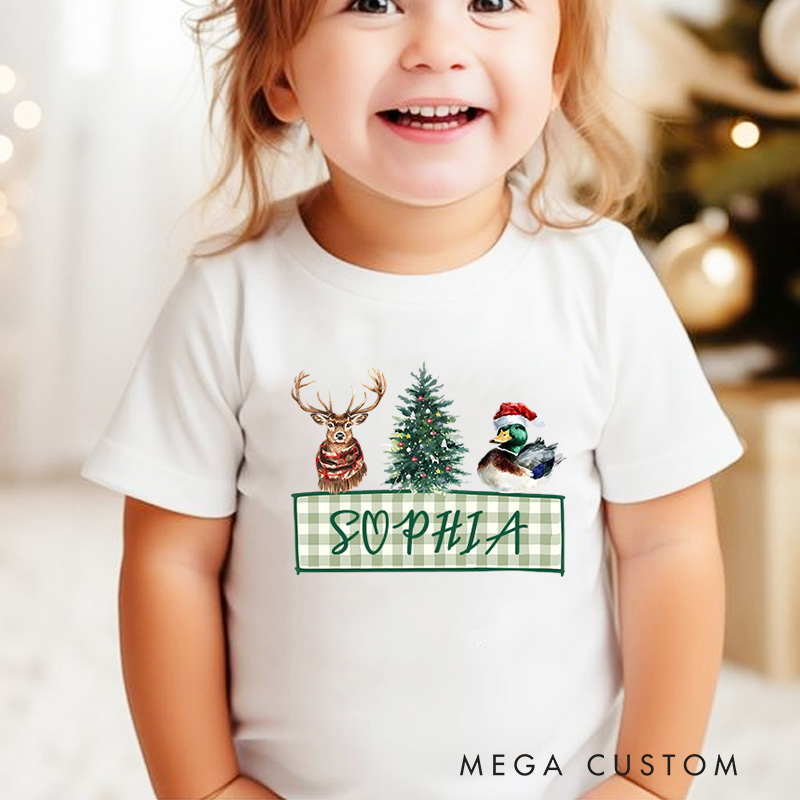 Personalized Reindeer and Tree with Plaid Name Banner Christmas Kids T-Shirt