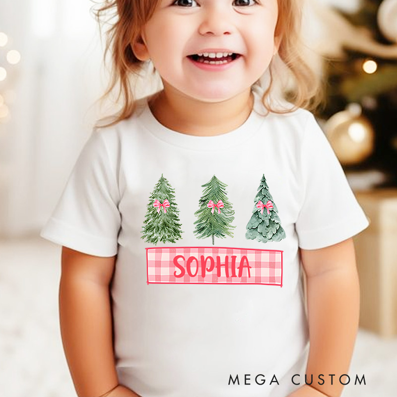 Personalized Trio of Christmas Trees with Plaid Accents Christmas Kids T-Shirt