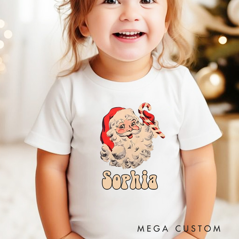 Personalized Vintage Santa with Cheerful Expression Christmas Kids T-Shirt