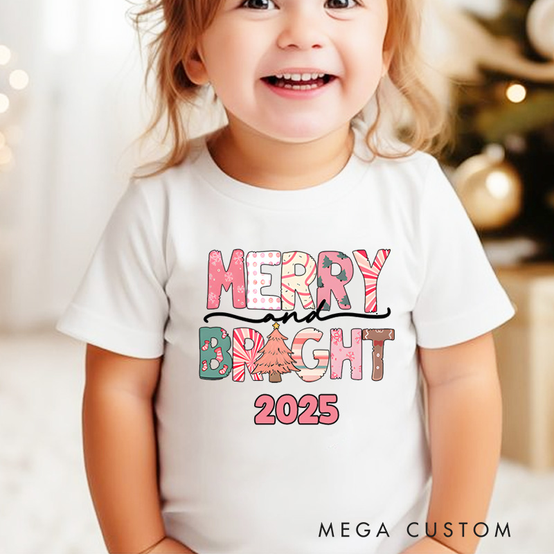 Personalized Merry and Bright with Festive Lettering Christmas Kids T-Shirt