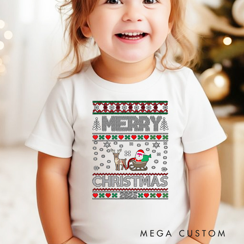 Personalized Ugly Sweater Style Merry Christmas Text Christmas Kids T-Shirt