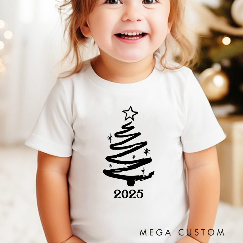 Personalized Minimalist Black and White Christmas Tree Christmas Kids T-Shirt