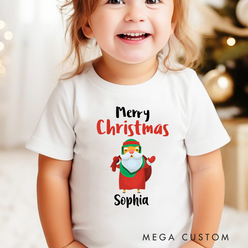 Personalized Santa with Gift Bag and Merry Christmas Text Christmas Kids T-Shirt