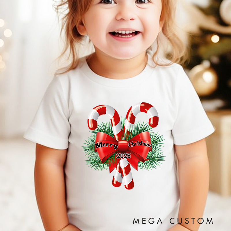 Personalized Candy Canes with Bow and Holly Accents Christmas Kids T-Shirt