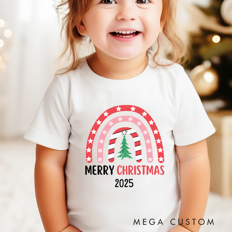 Personalized Rainbow with Merry Christmas Text and Stripes Christmas Kids T-Shirt