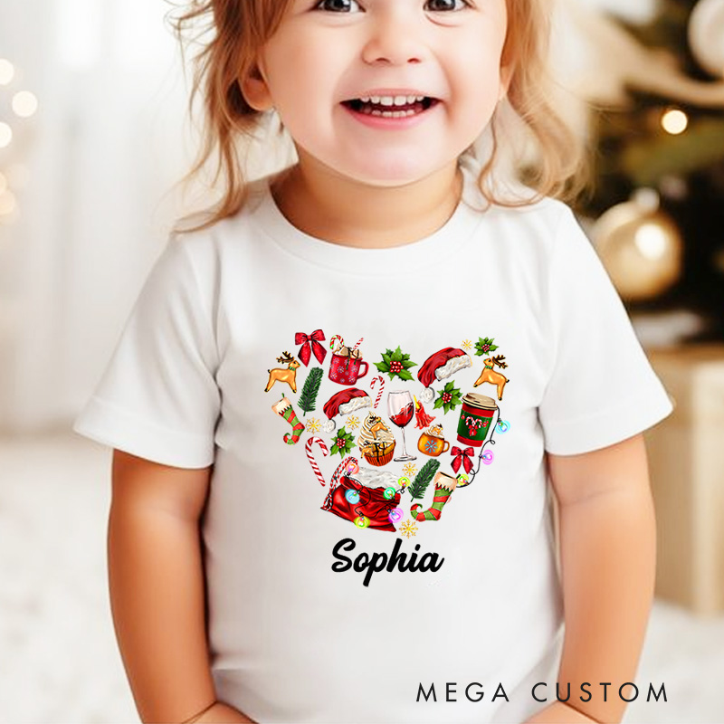Personalized Heart Shape Made of Christmas Decorations Christmas Kids T-Shirt