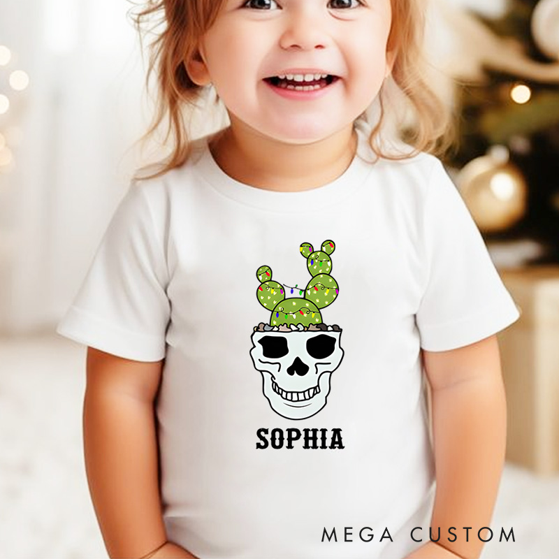 Personalized Skull with Reindeer Antlers and Festive Details Christmas Kids T-Shirt