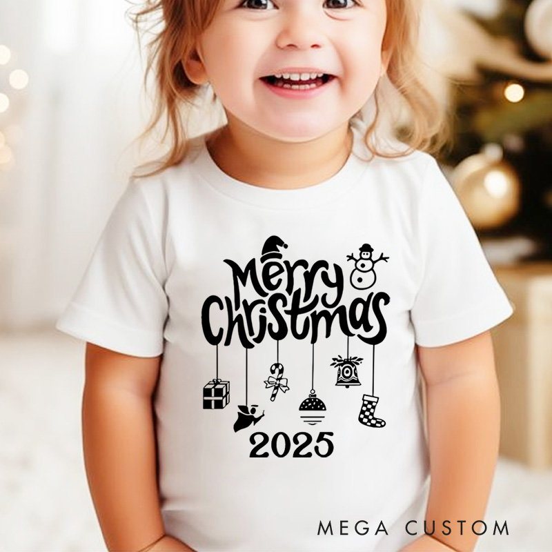Personalized Gold Merry Christmas Text with Holiday Icons Christmas Kids T-Shirt