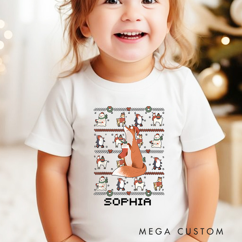 Personalized Reindeer with Snowman and Ugly Sweater Style Christmas Kids T-Shirt