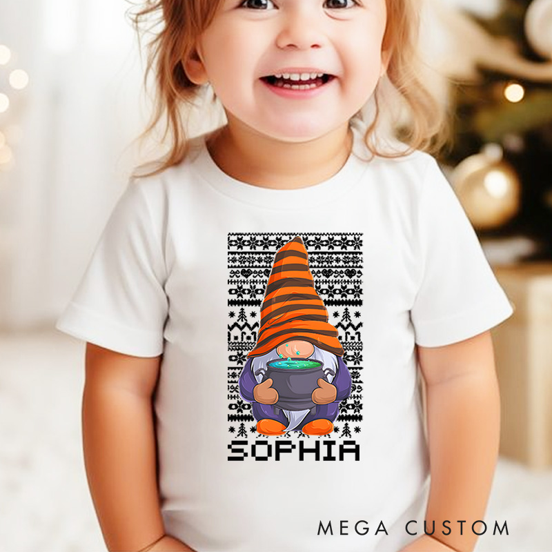 Personalized Christmas Gnome with Stars and Festive Details Christmas Kids T-Shirt