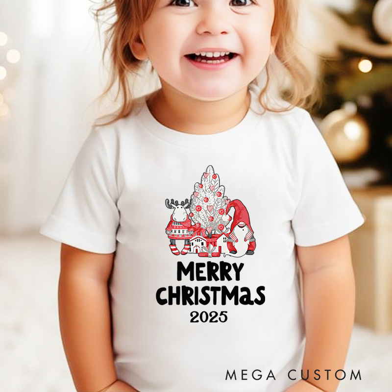 Personalized Santa with Merry Christmas Text and Snowflakes Christmas Kids T-Shirt