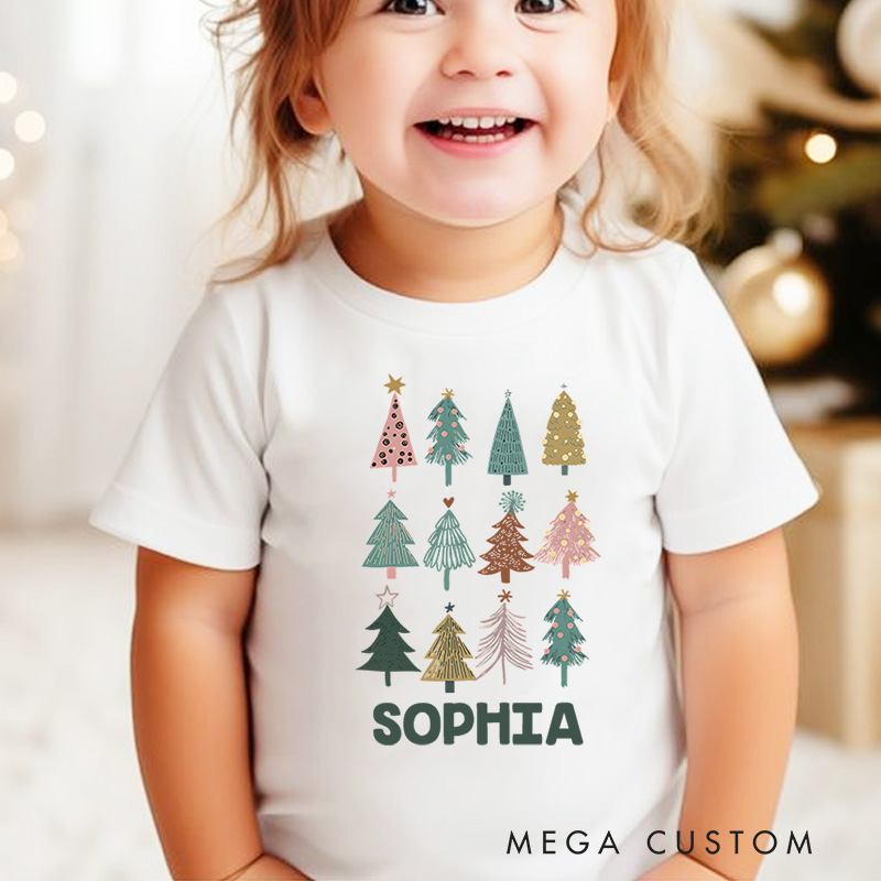 Personalized Patchwork Christmas Trees with Rustic Style Christmas Kids T-Shirt