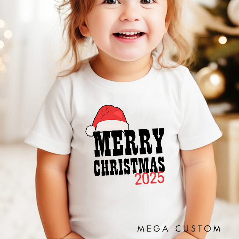 Personalized Merry Christmas with Santa Hat and Bold Text Christmas Kids T-Shirt