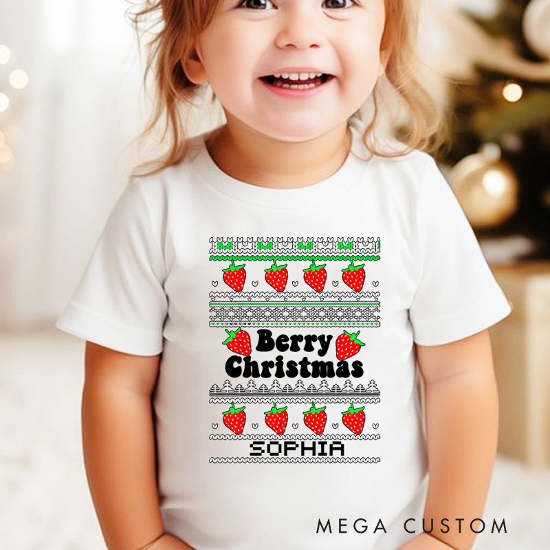 Personalized Berry Christmas with Festive Fruit and Patterns Christmas Kids T-Shirt