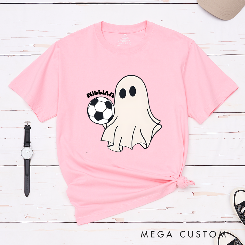 Personalized Halloween Soccer T-Shirt with Cute Ghost, Soccer Ball, and Custom Name Design