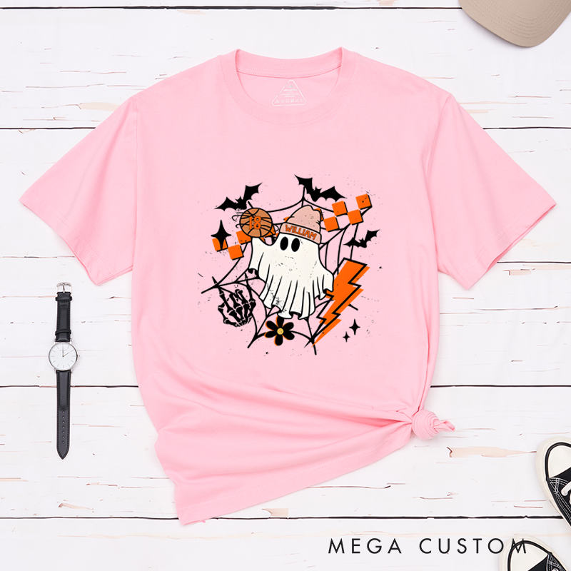 Personalized Halloween T-Shirt with Ghost, Basketball, Custom Name, and Number Design