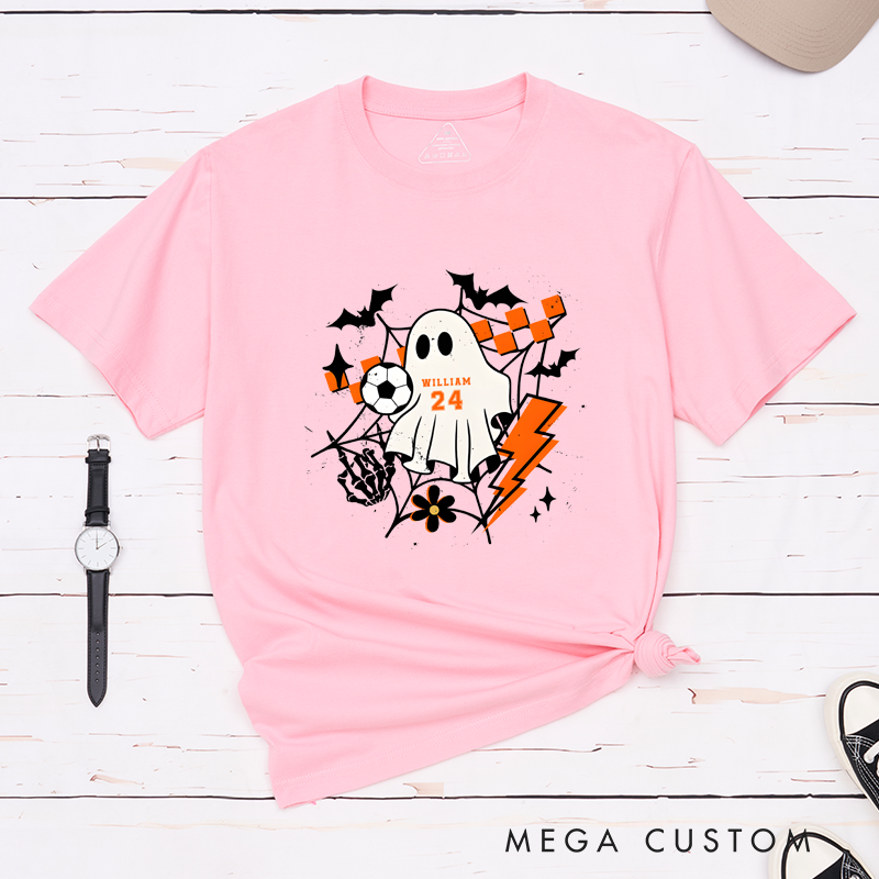 Personalized Halloween T-Shirt with Ghost, Soccer Ball, Custom Name, and Number Design