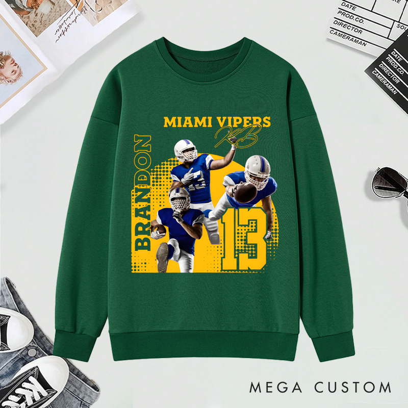Personalized American Football Sweatshirt with Custom Photo, Name, Team Name, and Number Design