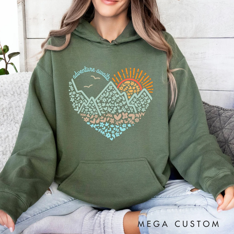 Personalized Adventure Awaits Hoodie Mountains Heart Hoodie, Adventure Hoodie Nature Lover Hoodie Hiker Camping Gift